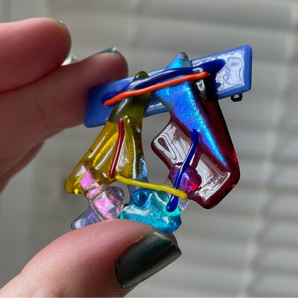 Vintage Jewelry - Signed vintage colorful fused art glass brooch ‘80s ‘90s